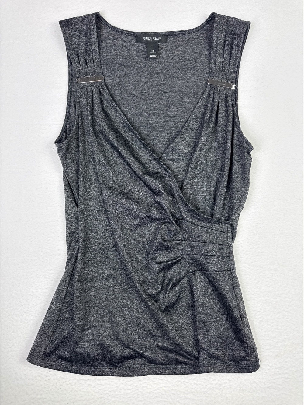 White House Black Market Sleeveless Gray Wrap Front Top with Silver Accent, Size